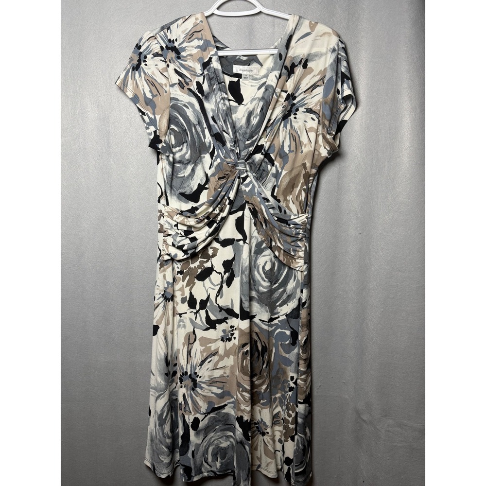 Dressbarn Womens Floral V-Neck Twist Front Faux Wrap Dress Grey Tan Black 14